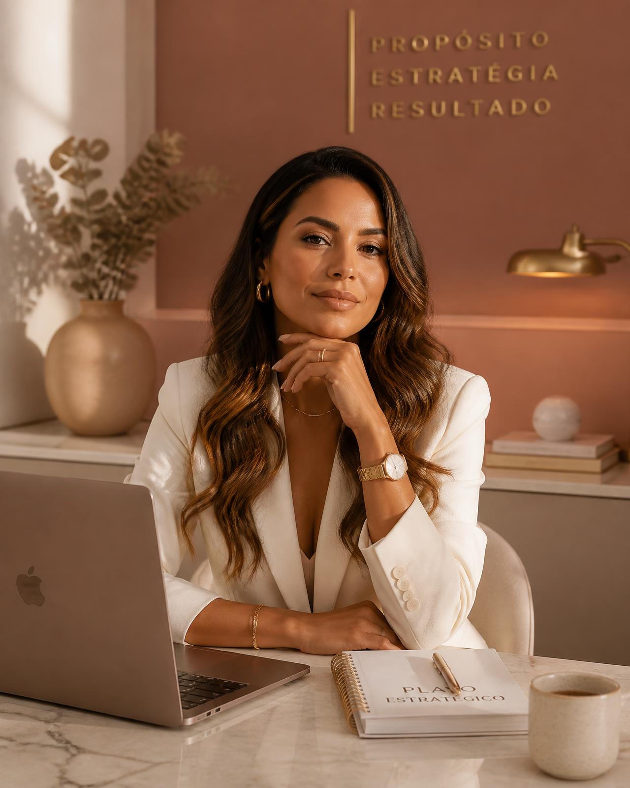 Empreendedora brasileira sorrindo à mesa de trabalho com notebook e caderno de plano estratégico